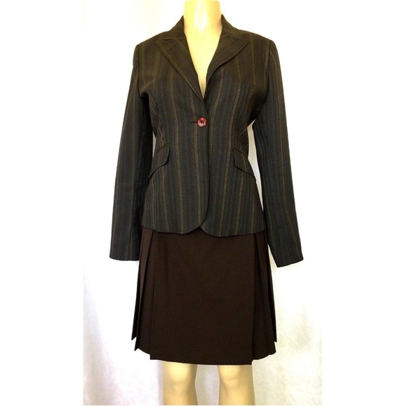 Yumi Mazao 2 pc Skirt Suit Set Blazer Brown Stripe - Picture 1 of 8